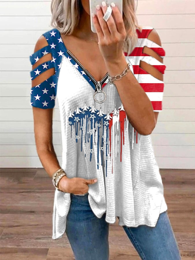 Women's Flag Printed V-Neck Zipper Casual T-Shirt
