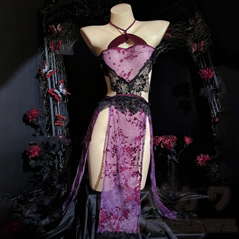Cheongsam Hollow Out See-through Split Lingerie Dress