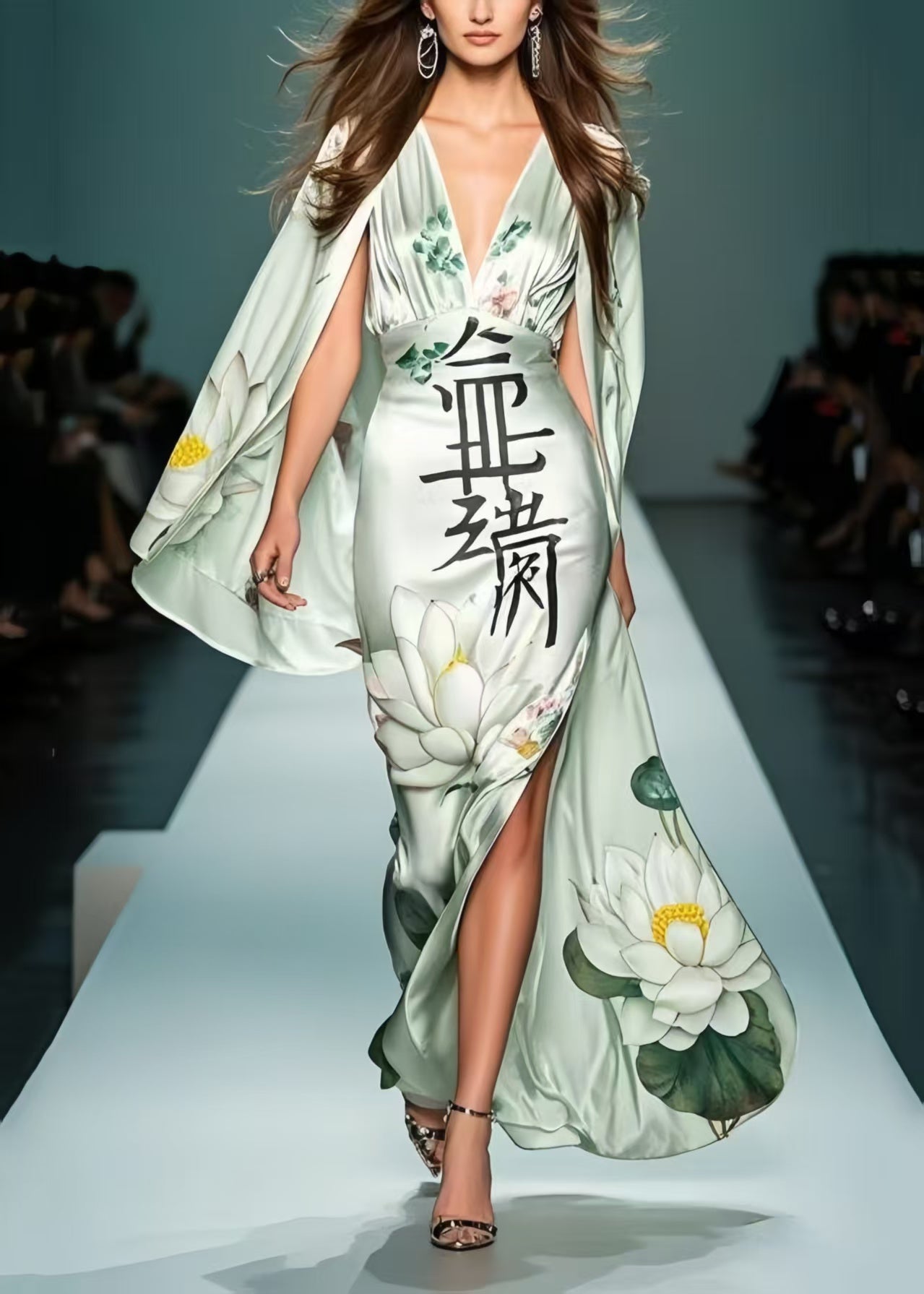 Fine Green Print Side Open Silk Robe Dresses Cloak Sleeves
