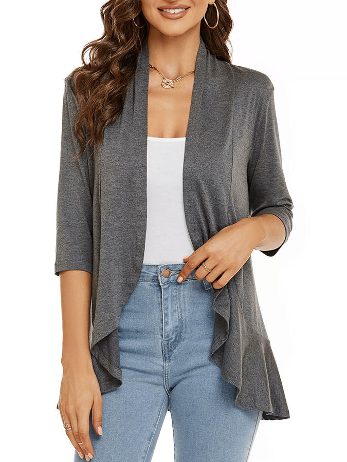 Women's Three-Quarter Sleeve Ruffle Solid Color Cardigan Jacket