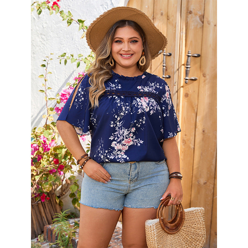 Plus Size Plump Girls Printed Shirt round Neck Loose Casual Design Sleeve Casual Women Shirt