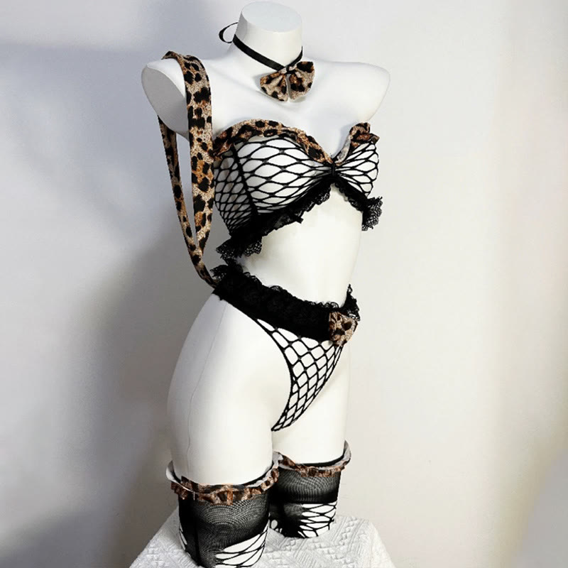 Hollow Out See-through Leopard Print Bikini Lingerie Set