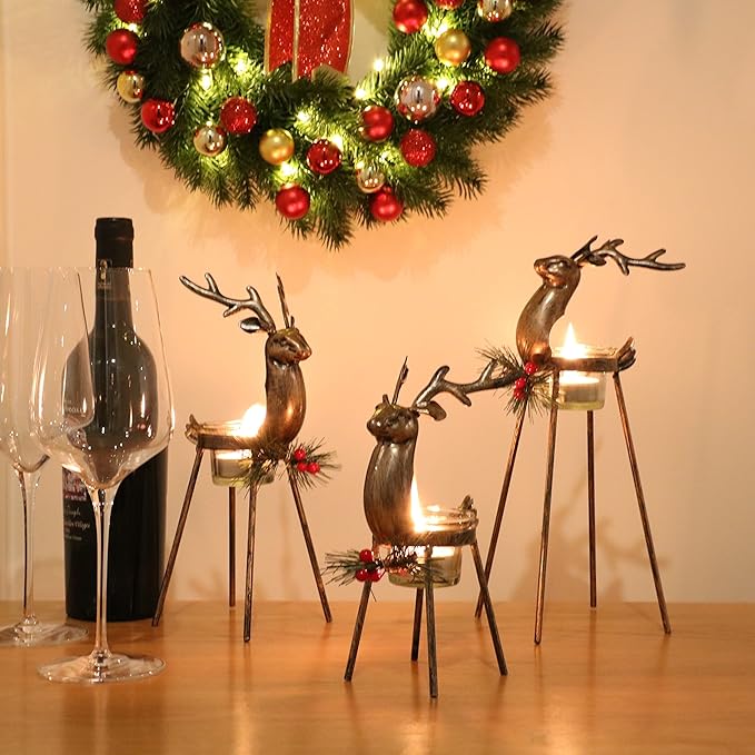 🌲🦌Christmas Metal Reindeer Tea Light Candle Holder (Set of 3PCS)