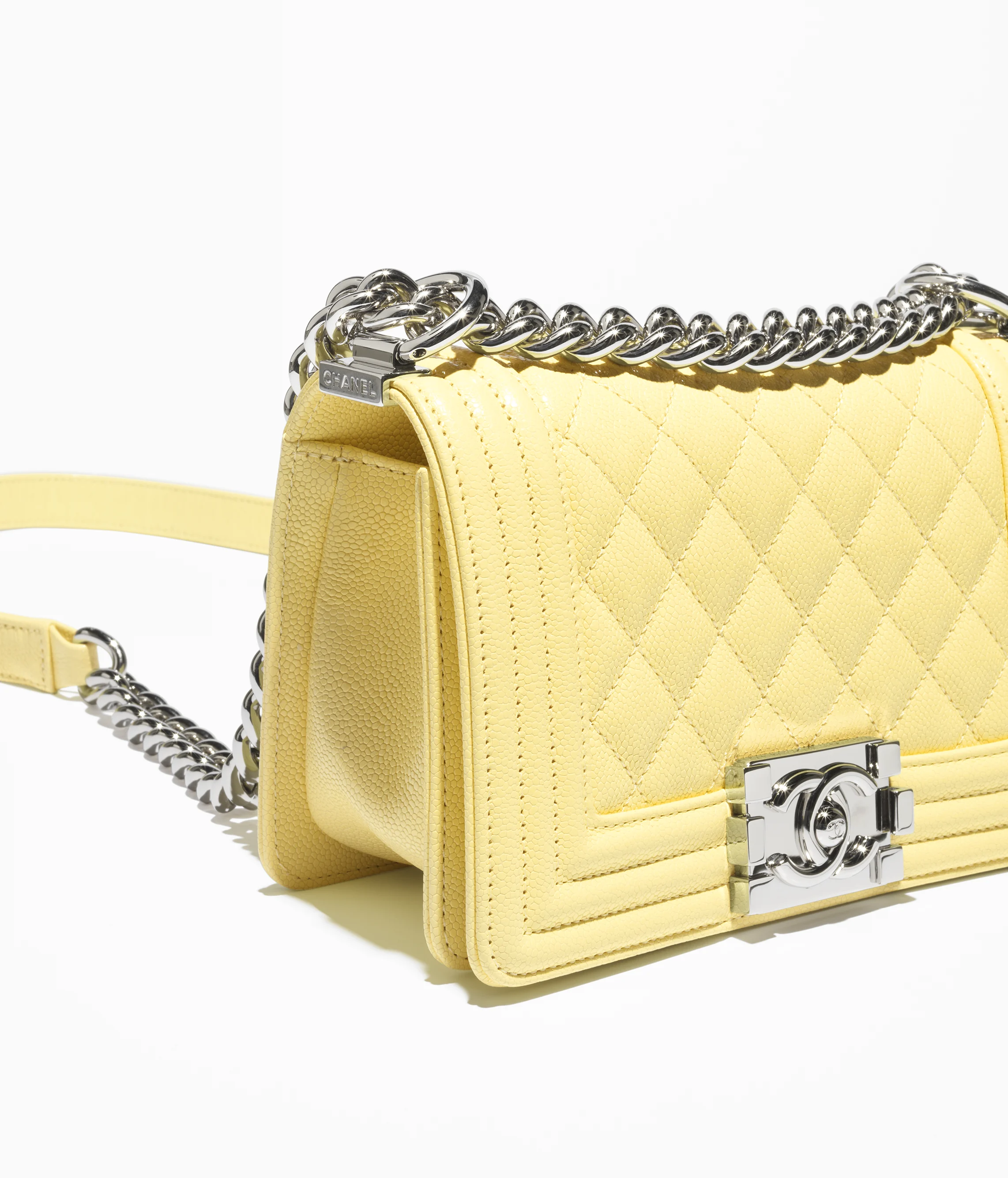 CHANEL Small BOY CHANEL Handbag Shiny Grained Calfskin & Silver-Tone Metal Light Yellow A67085-B15536-NAAUK