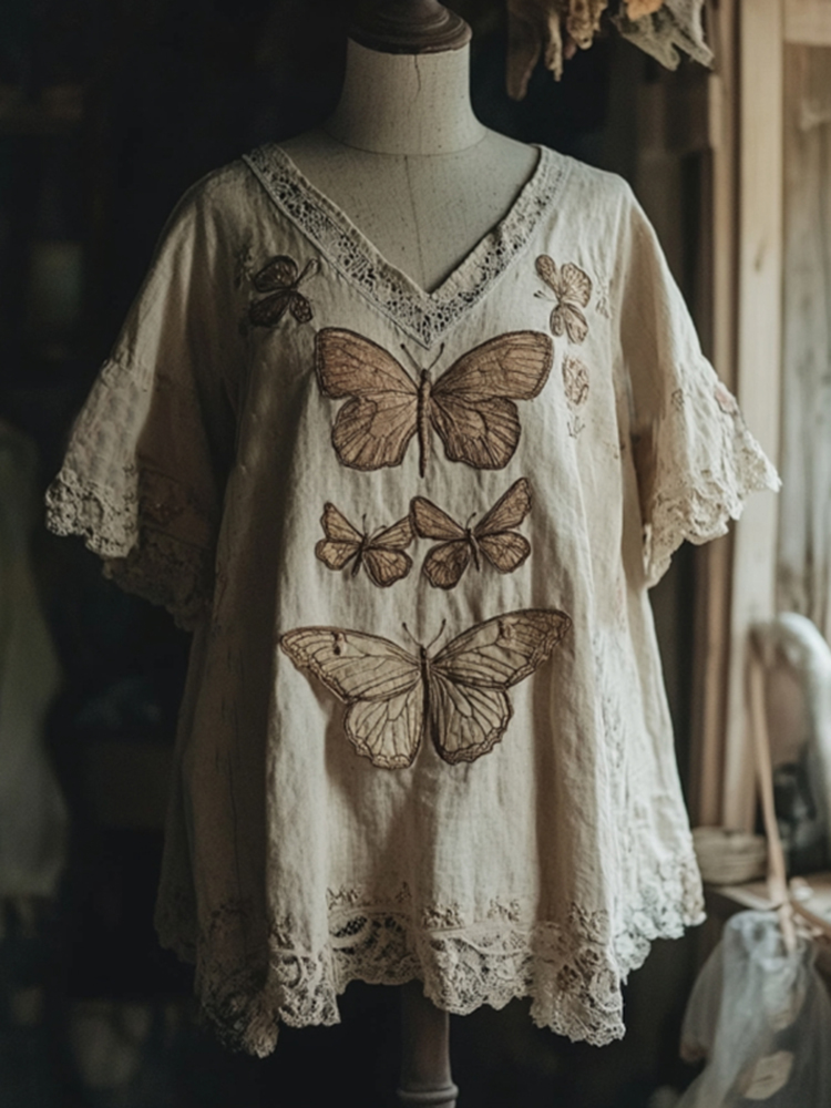 Vintage  Butterfly And Dragonfly Embroidery Linen Art Lace Trim Women's Linen Shirt