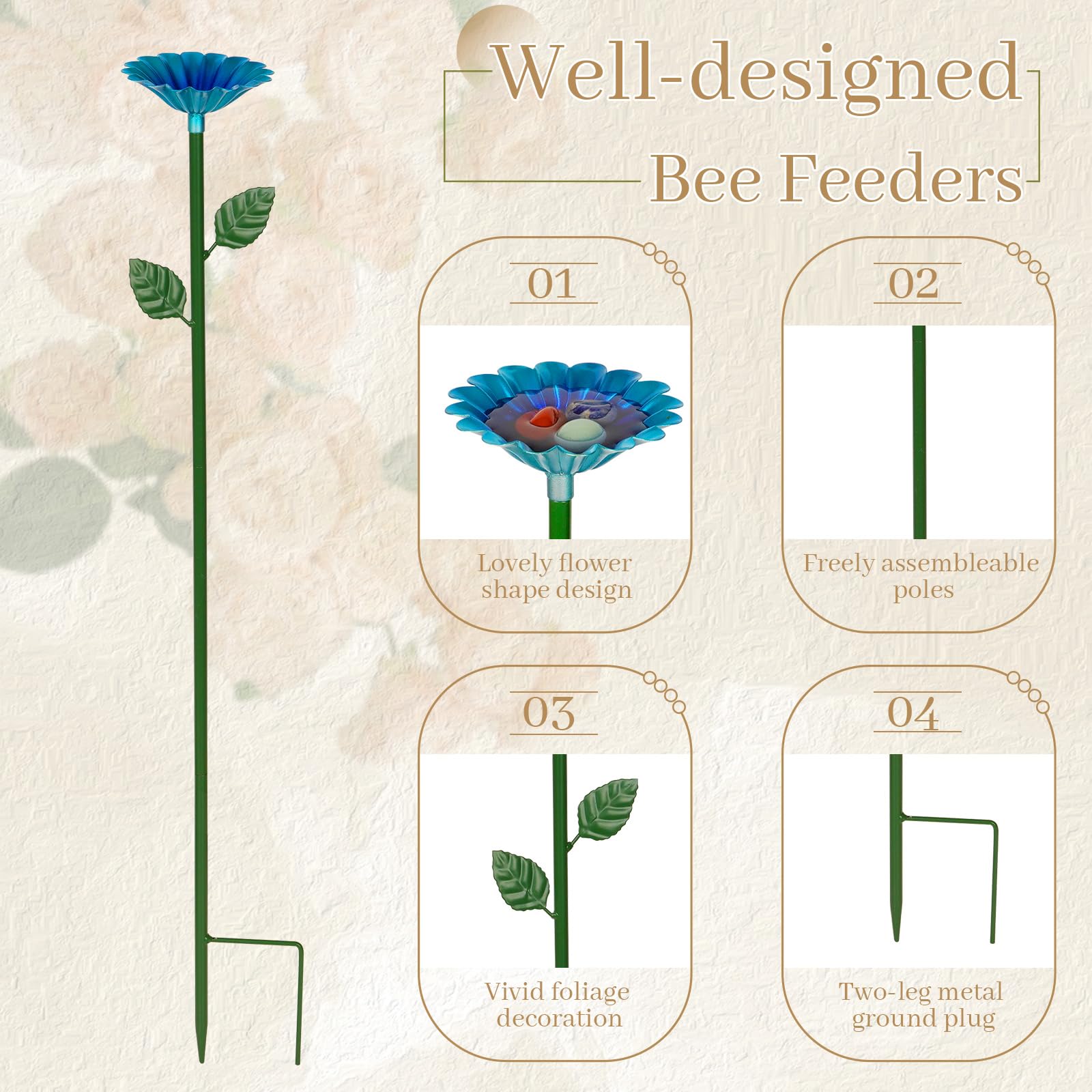 Bee Watering Station, Bee Cups for Garden Metal Bee Water Feeder with Flower Design