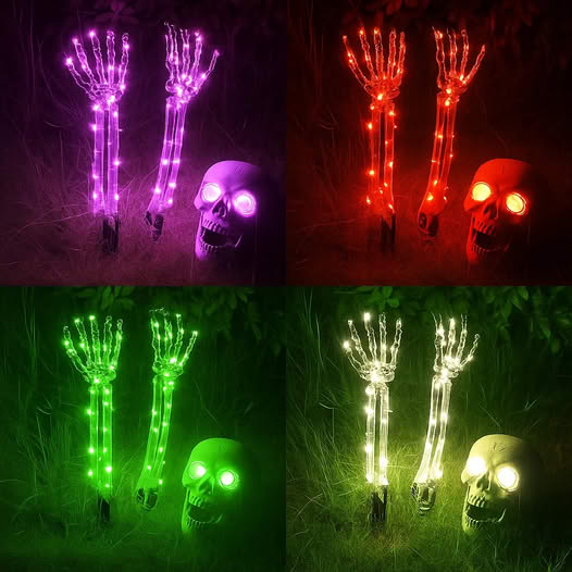 💀Halloween Skeleton Arms Stakes And Skeleton head Led Decorations-Adjusted Wrist,Waterproof ,LED with 8 Lighting Modes