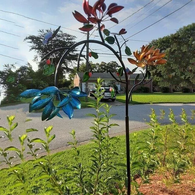 Large Metal Wind Spinner with Three Spinning Flowers and Butterflies
