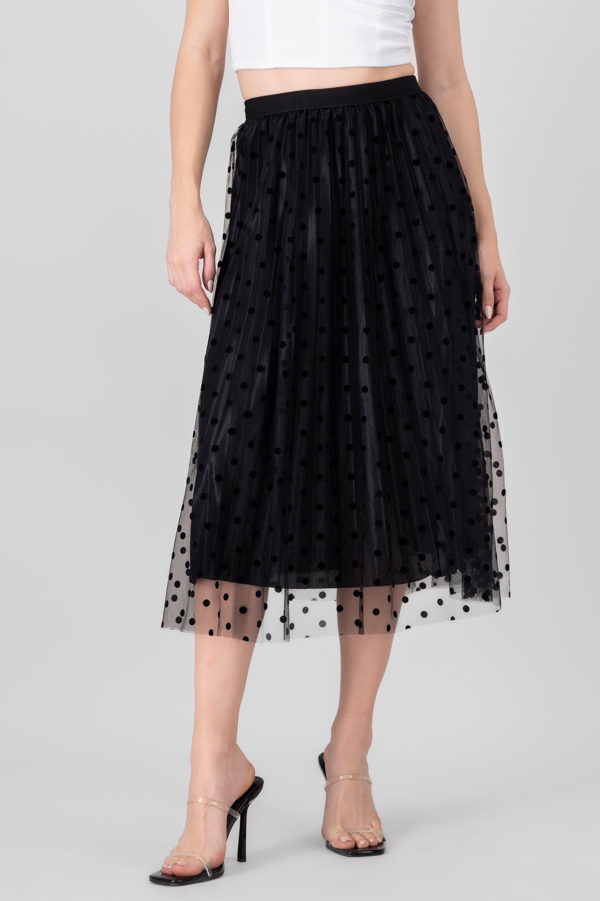 Flocked Polka Dots Midi Skirt