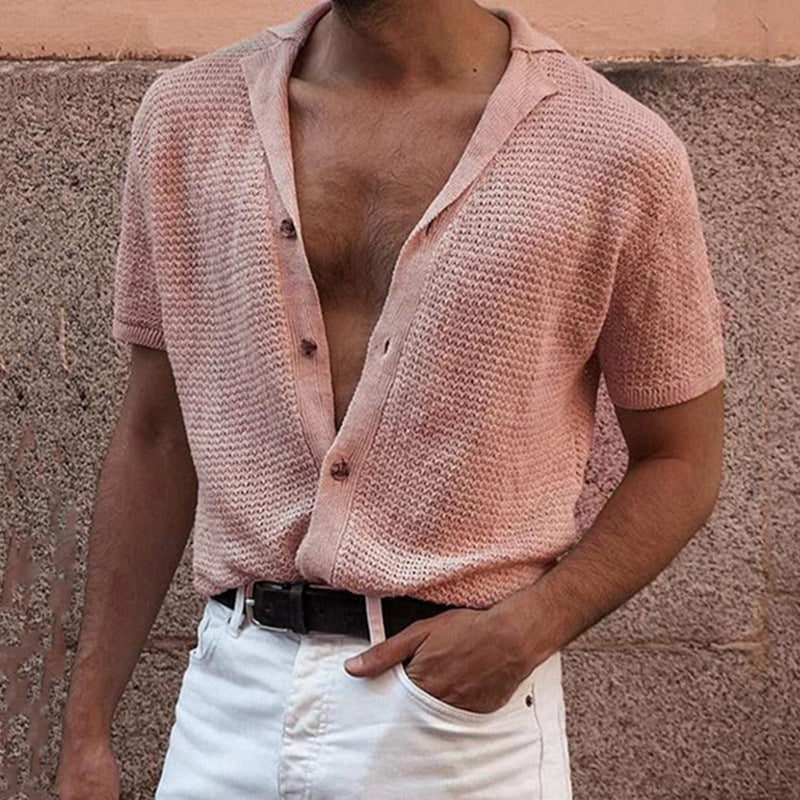 Men's Casual Lapel Short Sleeve Breathable Knit Shirt