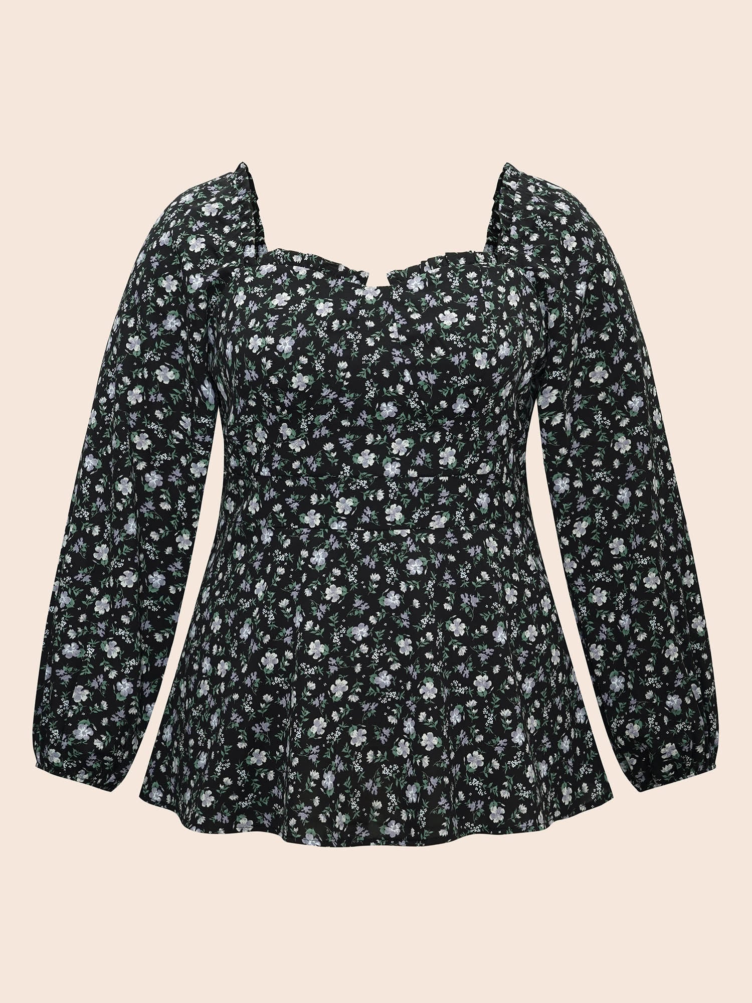 Heart Neckline Ditsy Floral Shirred Blouse