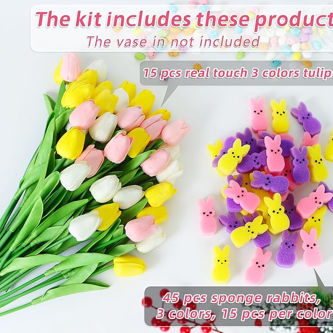 🔥On Sale🔥Easter Sponge Bunnies Vase Filler with Artificial Tulips Flowers