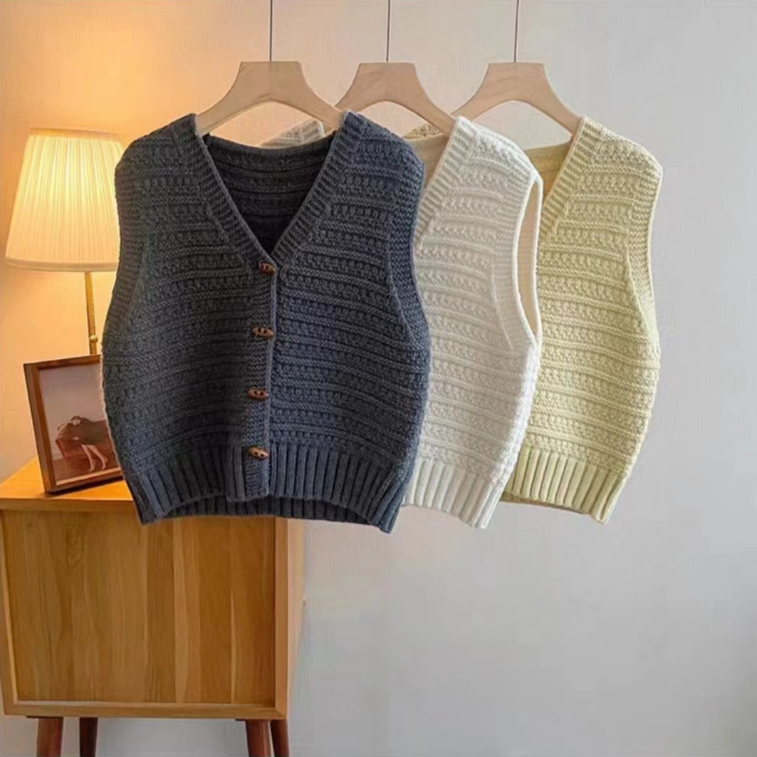V-Neck Cardigan with Horn Button Design and Three-Dimensional Pattern