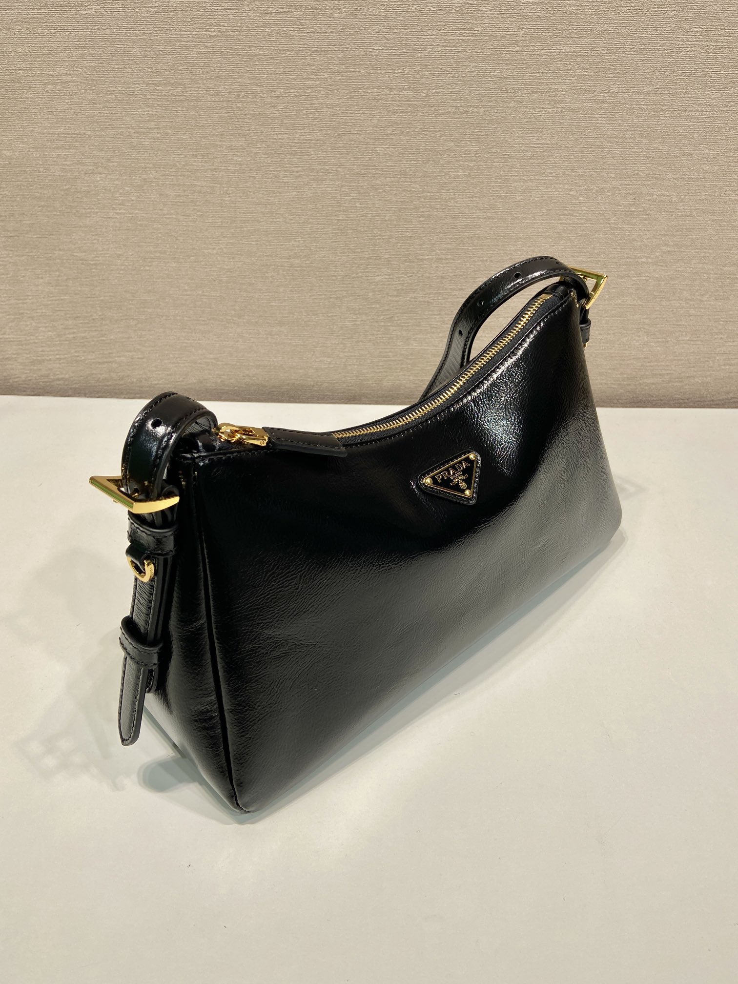 Prada Aimee Hobo Wrinkled Patent Leather Underarm Bag 1BC229