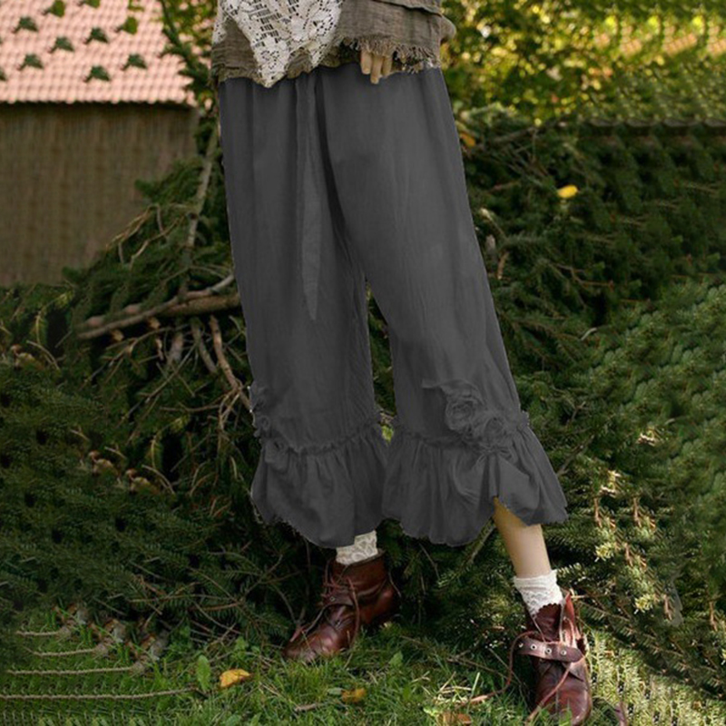 Vintage Plain Pleat Floral Loose Pant