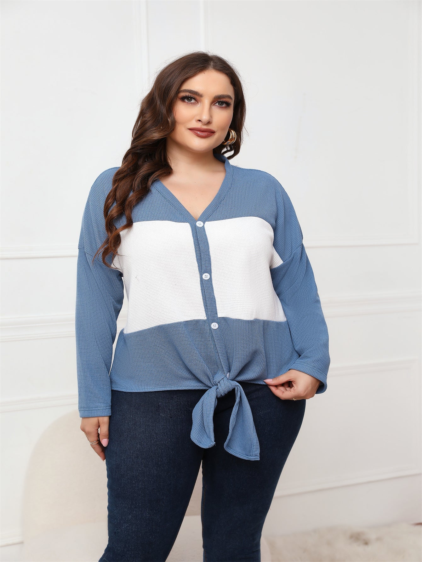 Plus Size Women Clothing Spring Autumn Long Sleeve V Neck Open Placket Top