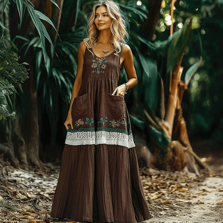 Women's Elegant Bohemian Casual Sleeveless Linen Round Neck Maxi Dress