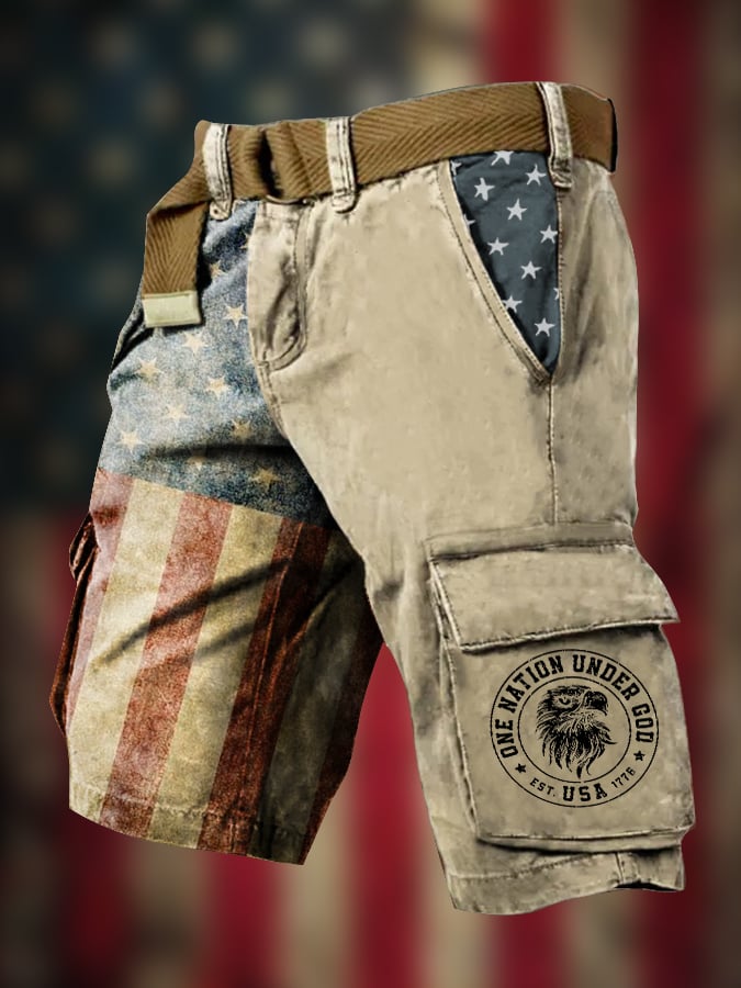 Men's Retro God Bless America Print  Cargo Shorts