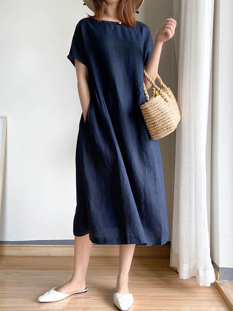 Casual Loose Short Sleeve Solid Color Midi Dress