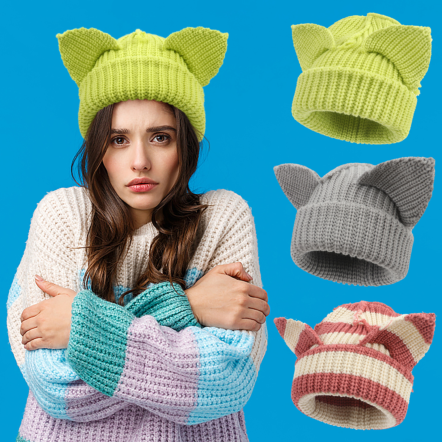 Fashion adult Hot Sale Lady Devil Ears thicken all acrylic knit hat