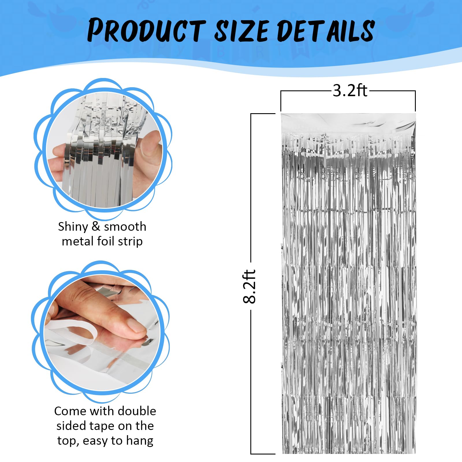 Party Streamers 3 Pack Metallic Tinsel Foil Fringe Curtains 3.2ft x 8.2ft Party Decorations