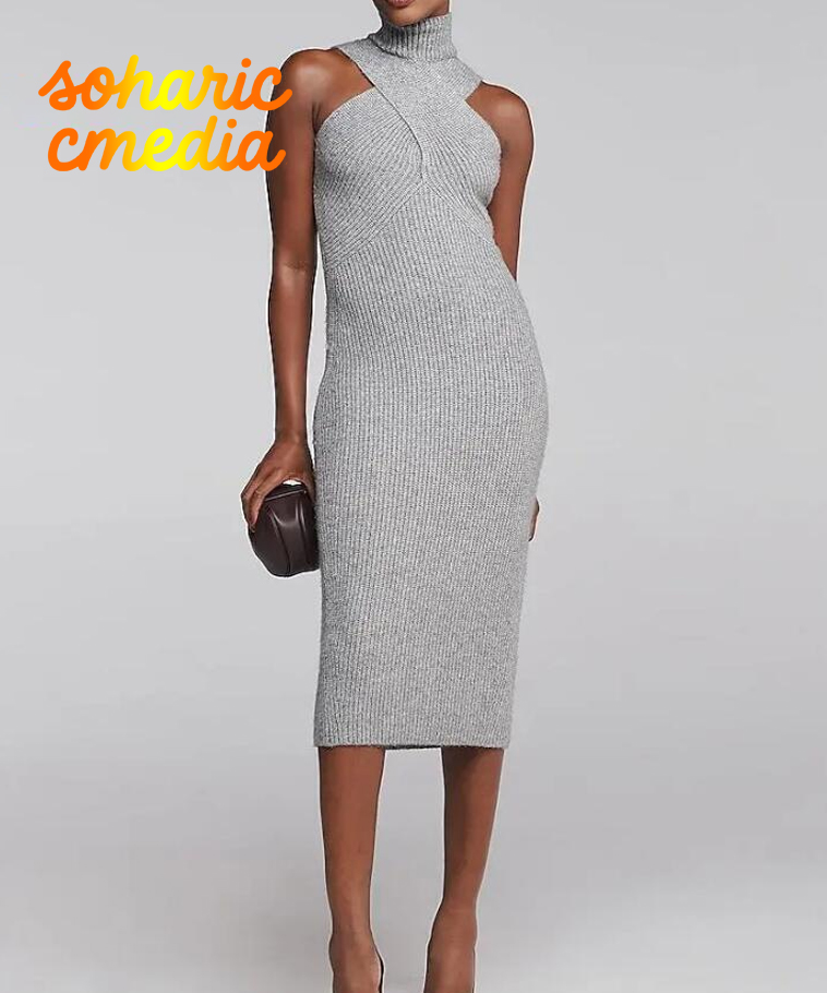 Cross Funnel Neck Sleeveless Midi Sweater Dress