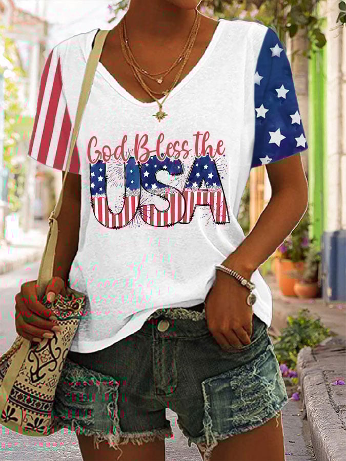 Women'S Casual God Bless The USA Independence Day Short-Sleeved T-Shirt
