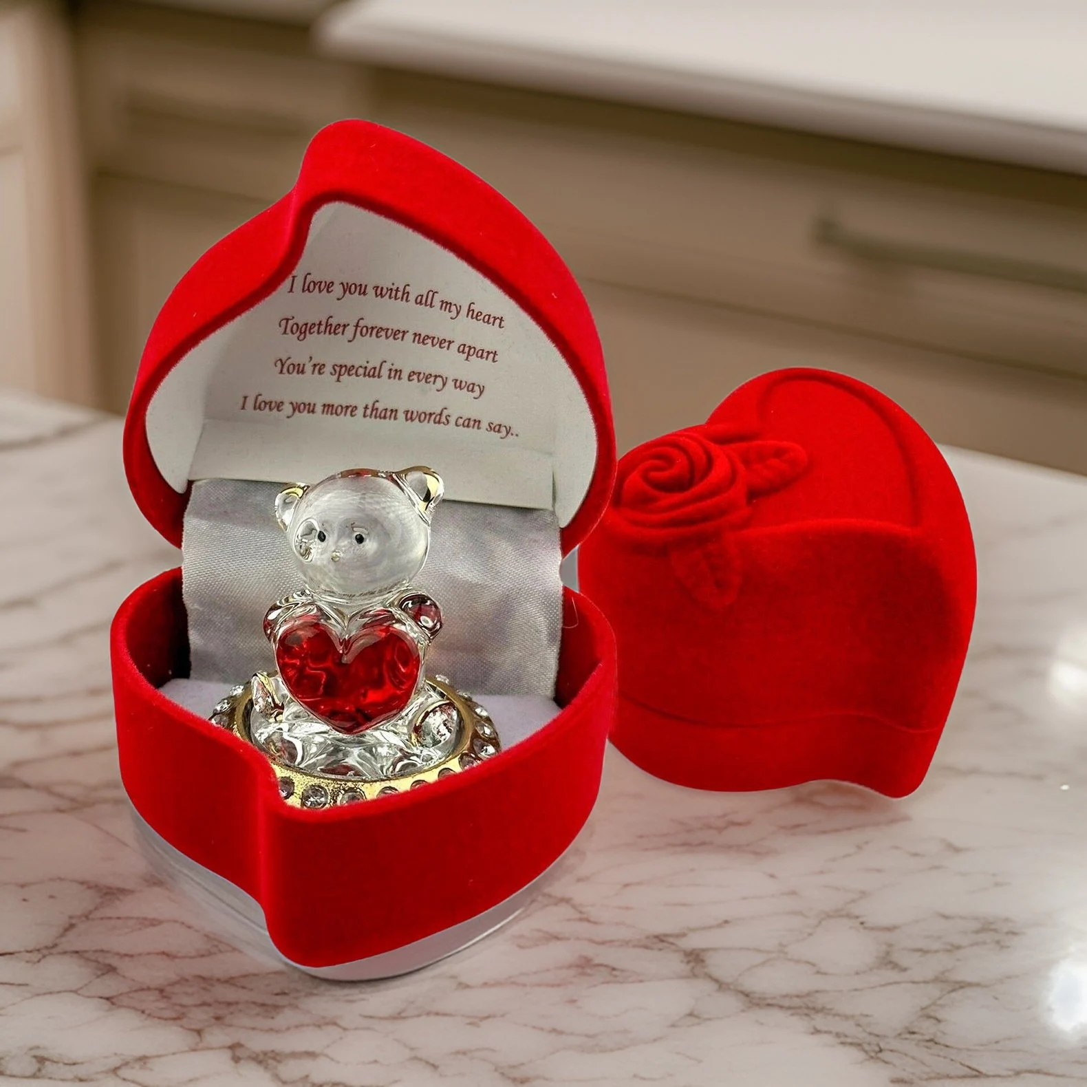 Glass Teddy Bear with Red Heart – Velvet Heart Gift Box for Mum