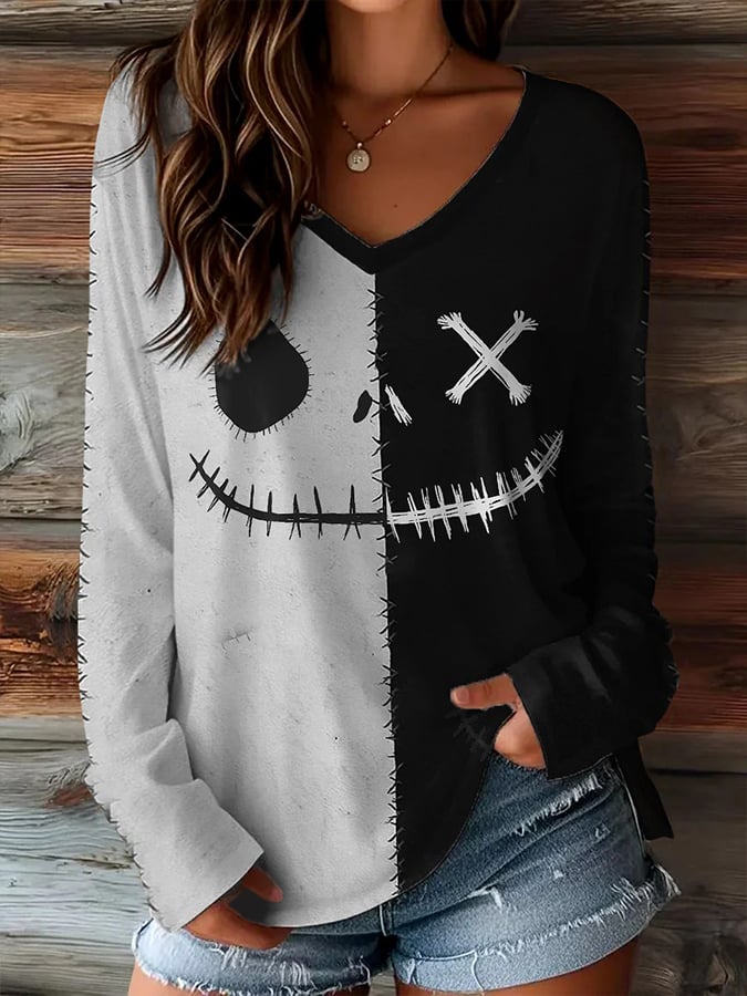 🔥Buy 3 Get 10% Off🔥Women's Halloween Spooky Face Print Casual Long Sleeve T-Shirt