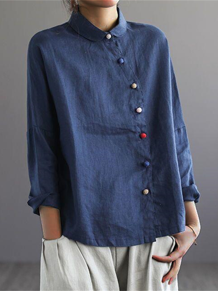 Colorful Buttons Asymmetric Placket Blouse