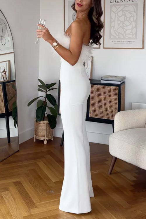 Heididress Strapless Feather Tube Top Flare Bottoms Jumpsuit