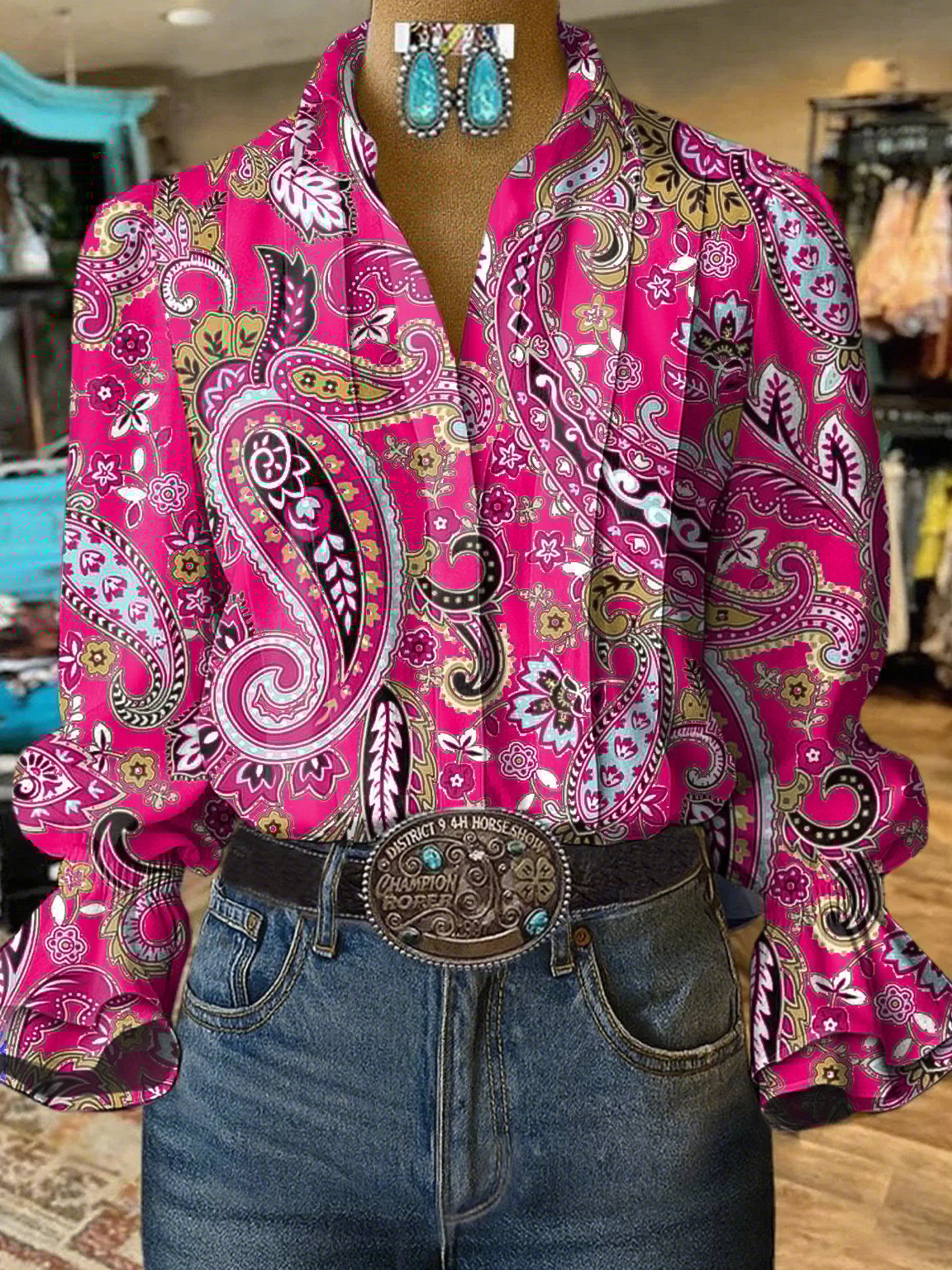 Women's Casual Western Puff Sleeve Patterned Shirt