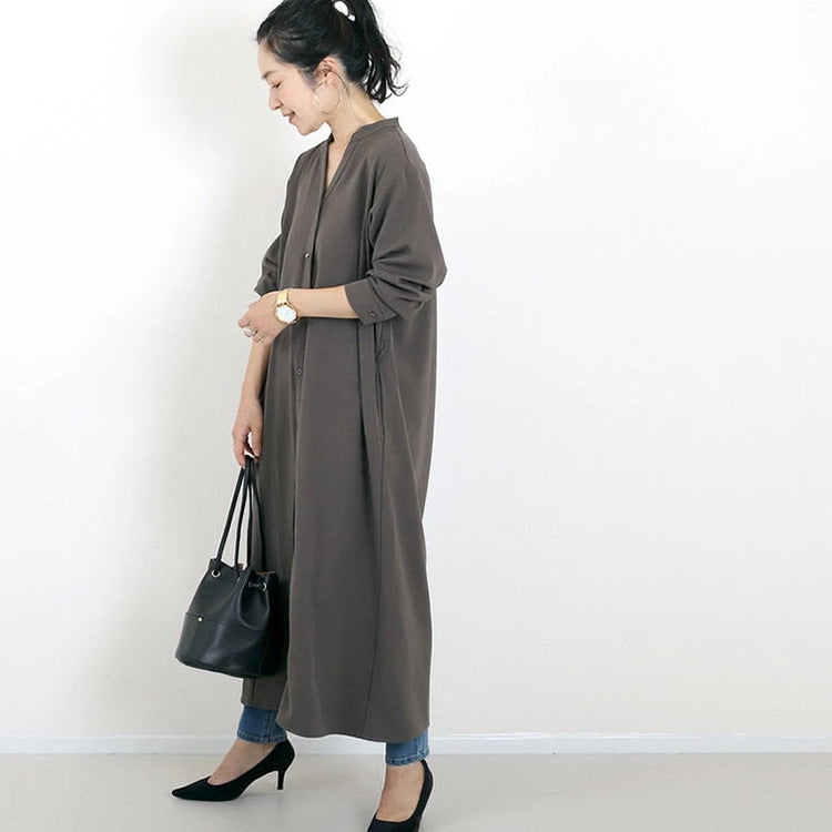 Autumn Winter Shirt Base Dress Women Solid Color Loose Casual V neck Maxi Dress