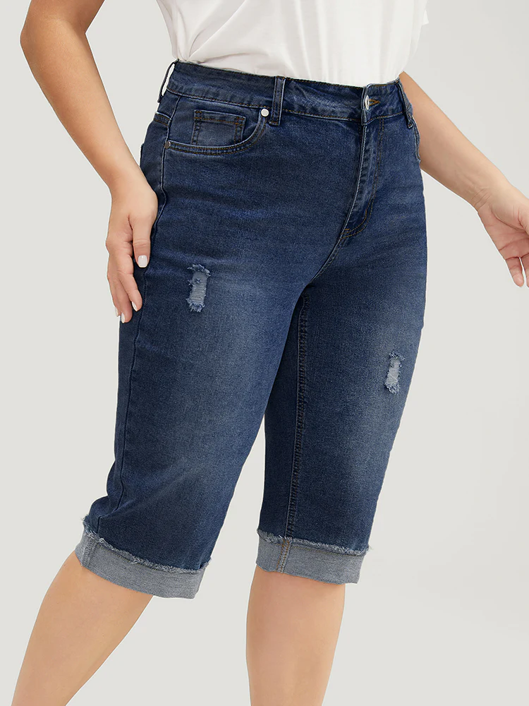 Moderately Stretchy Roll Hem Ripped Knee Denim Shorts