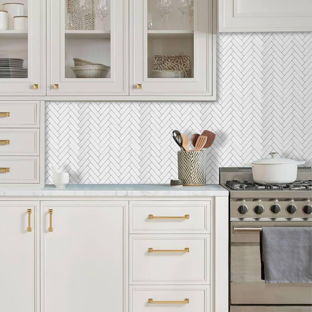 White Herringbone Backsplash Peel and Stick Tile - Thicker Design