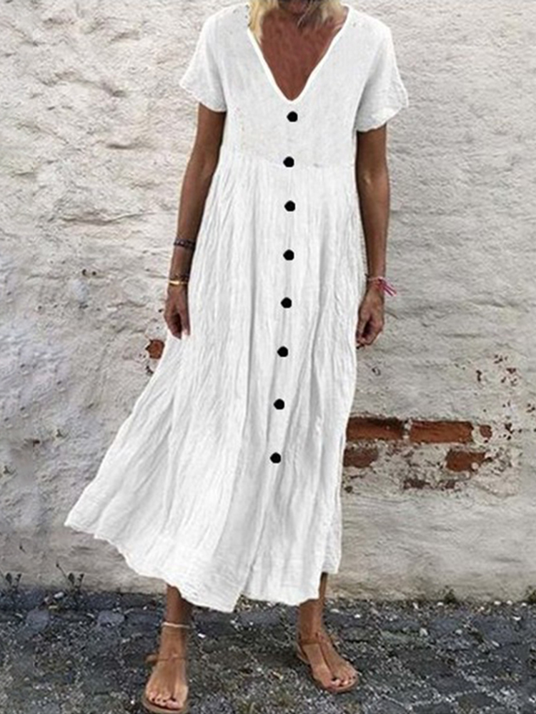 Solid Color Cotton Linen V-Neck Button Midi Dress