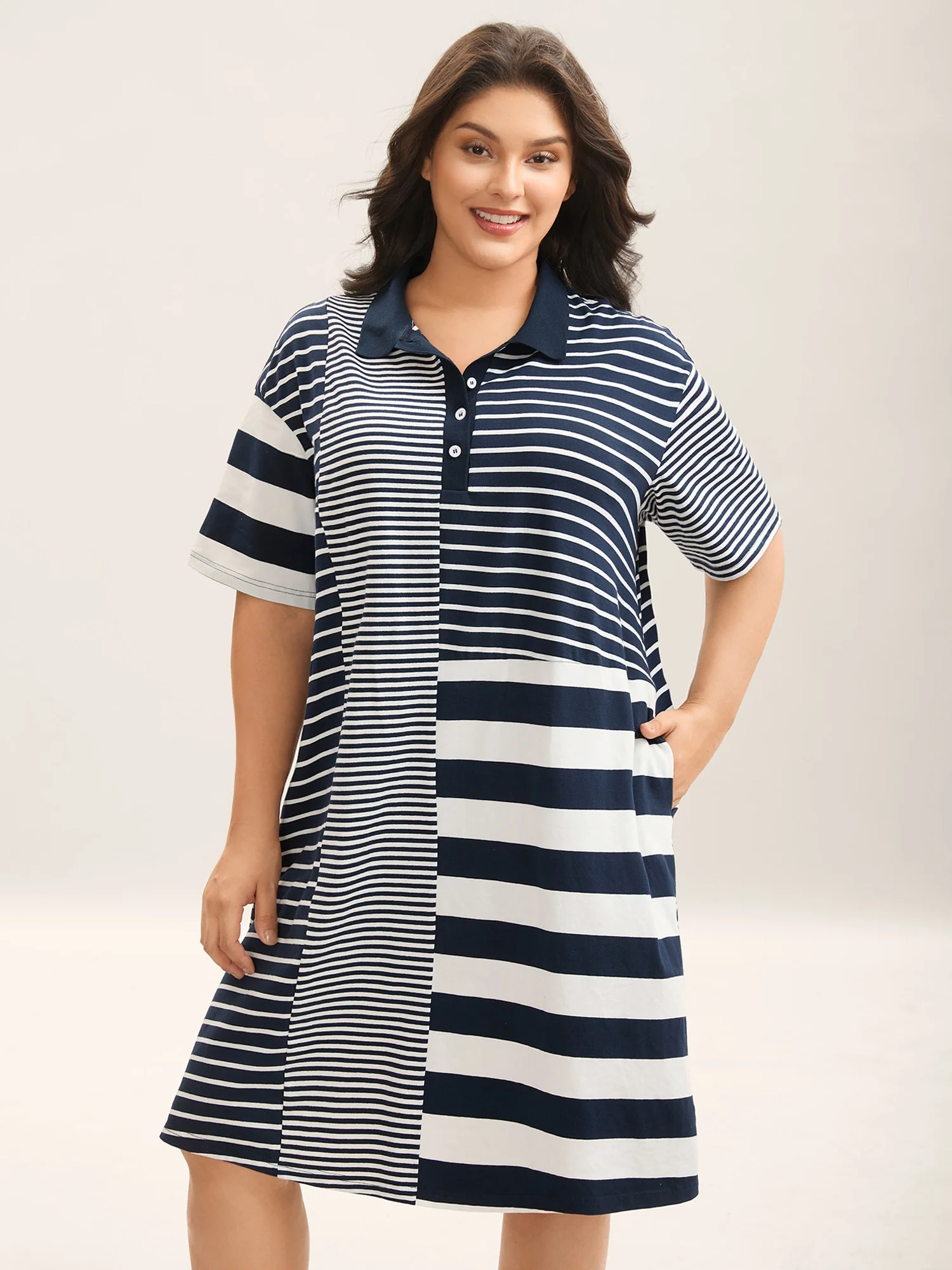 Cotton Knit Stripe Print Midi Dress