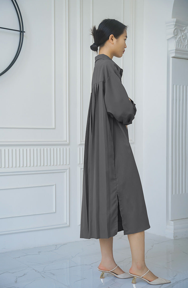 Spring Autumn Loose Overknee Dress Women Casual Large Version Back Pleated Long Shirt Dress