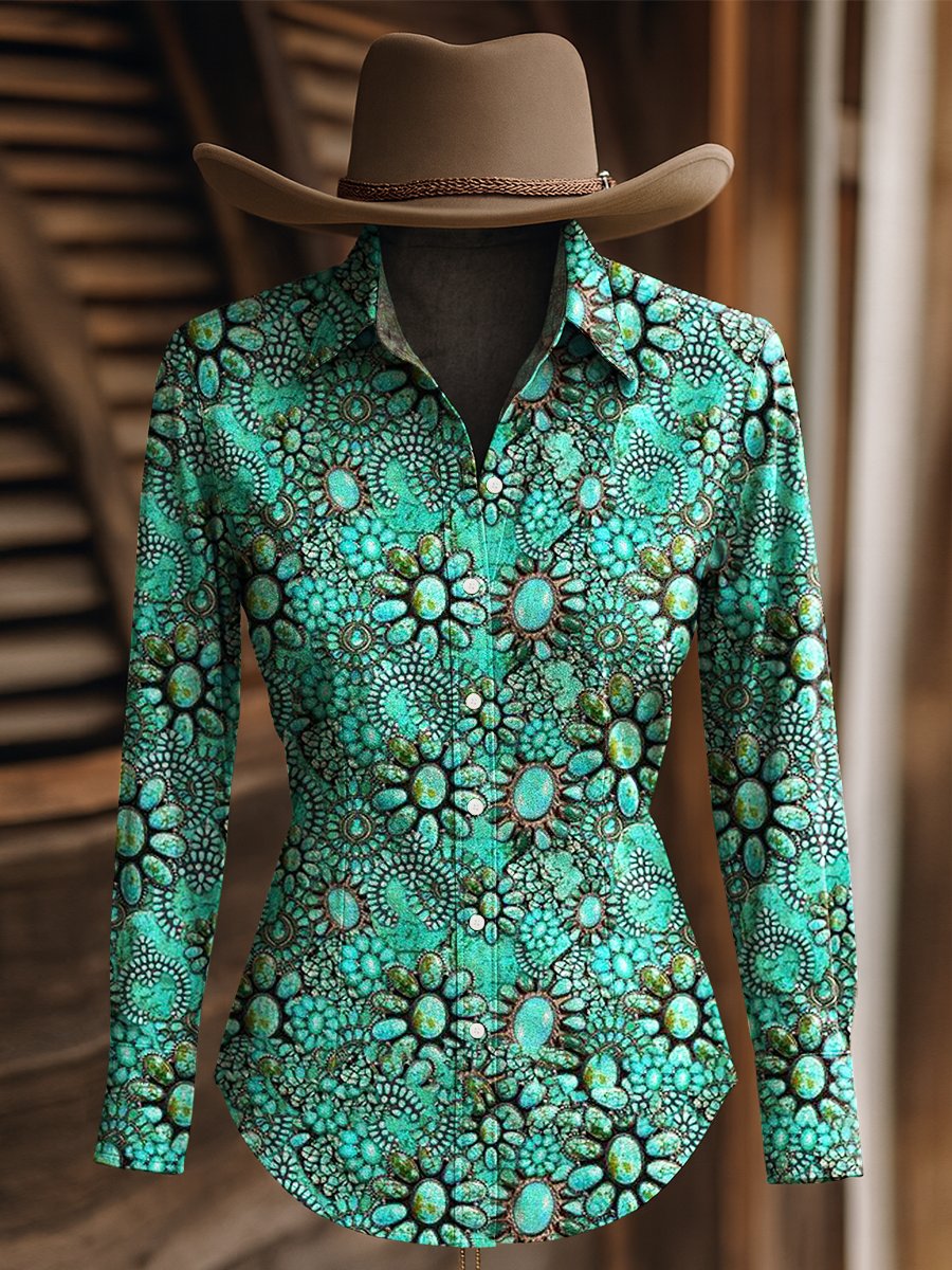 Women's Vintage Jewel Print Western Long Sleeve Shirt