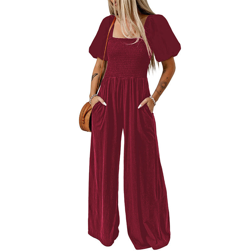 Women's Short Sleeve Jumpsuit with Square Collar
