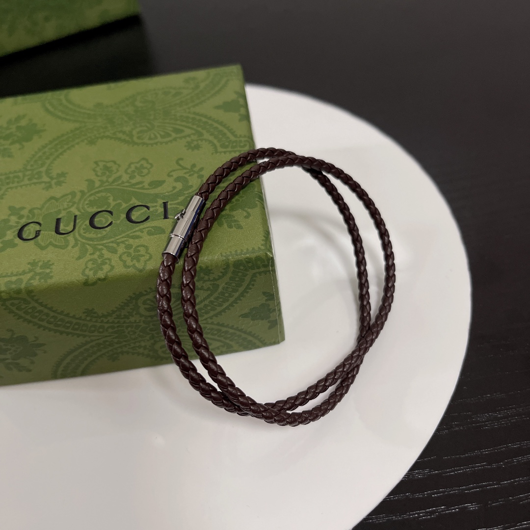 Gucci Brown Leather Braided Bracelet
