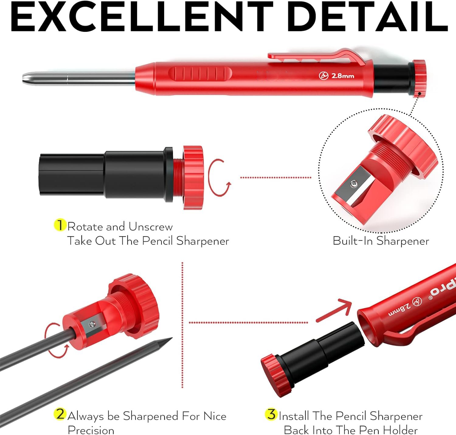 Carpenter Pencil with Sharpener, Mechanical Pencils Set with 24 Refills, Deep Hole Marker for Construction, Heavy Duty Woodworking Pencils for Architect