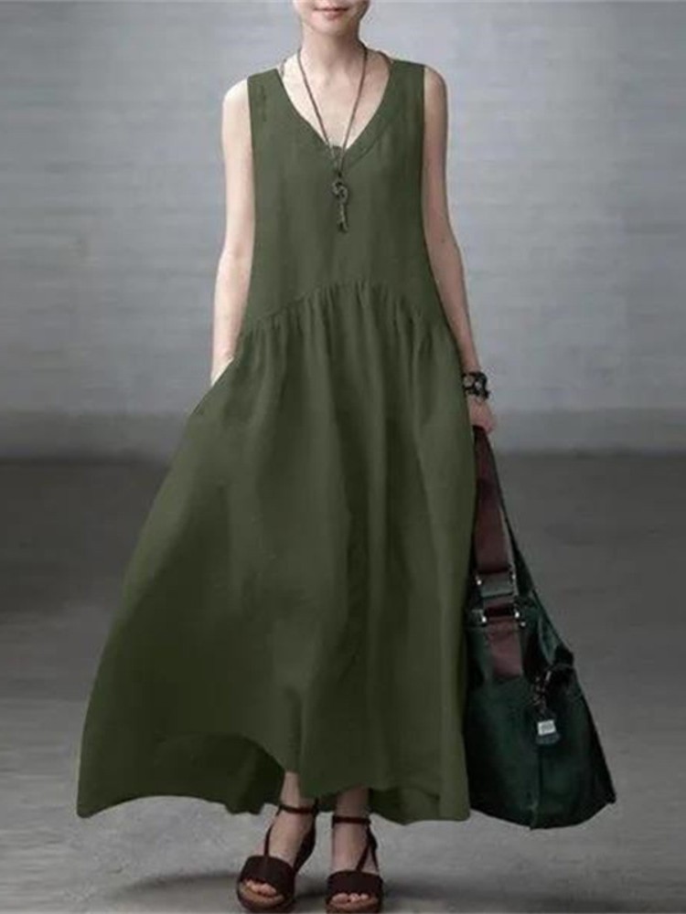 Elegant Solid Color V Neck Comfy Maxi Dress