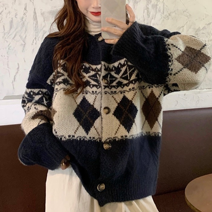 Retro Korean Style Loose Rhombus Pattern Thickened Student Sweater Coat