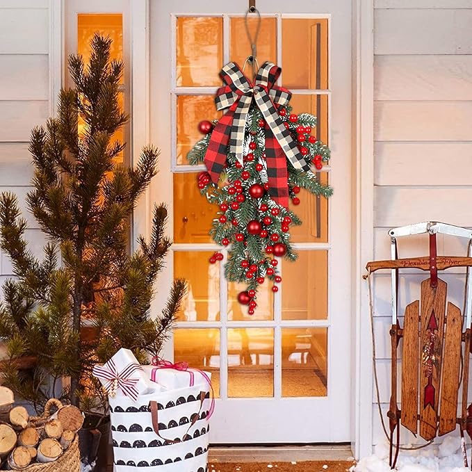 🎄Christmas promotion🔥Pre-installed red fruit door wreath with lights, urn filler with real feel