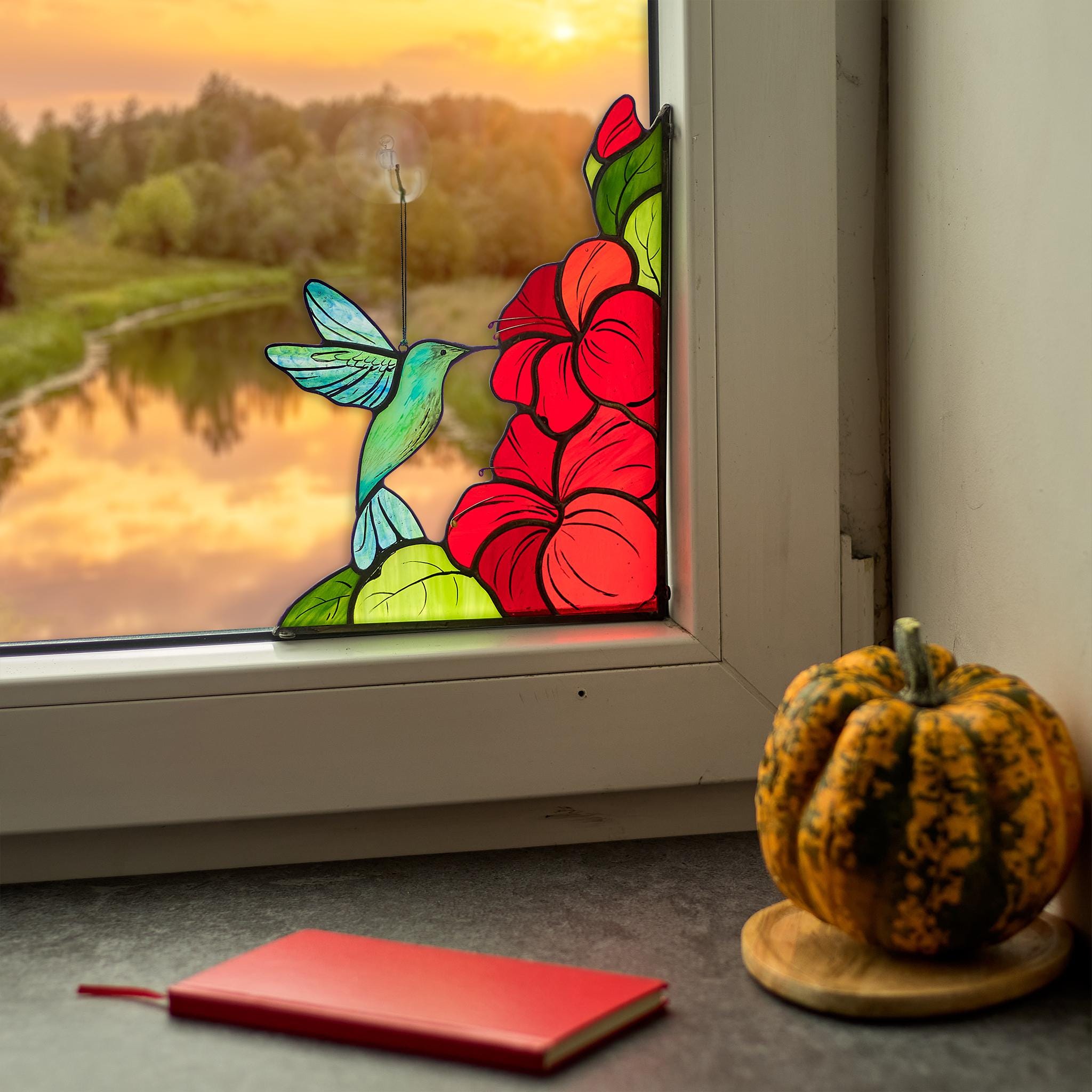 🔥2025 ON SALE🔥Stained Glass Hummingbird Window Corner with Red Hibiscus Flowers