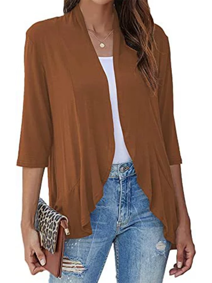 Women's Three-Quarter Sleeve Ruffle Solid Color Cardigan Jacket