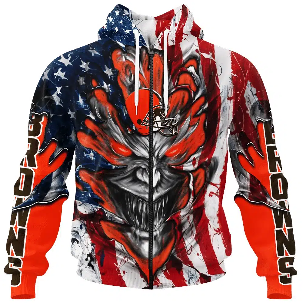 CLEVELAND BROWNS DEMON FACE AMERICAN FLAG-3D UNISEX HOODIE