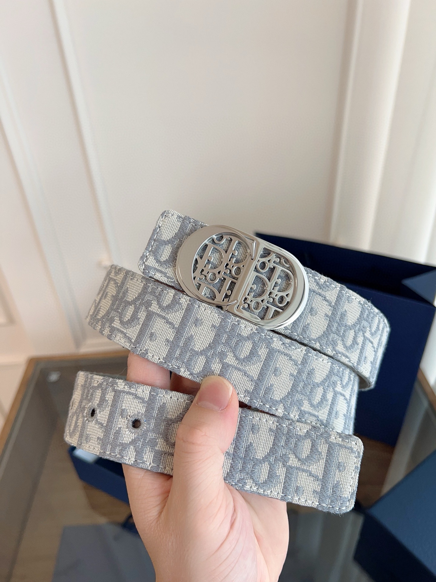 Dior Oblique grey cloth grey cowhide leather belt width 3.5cm