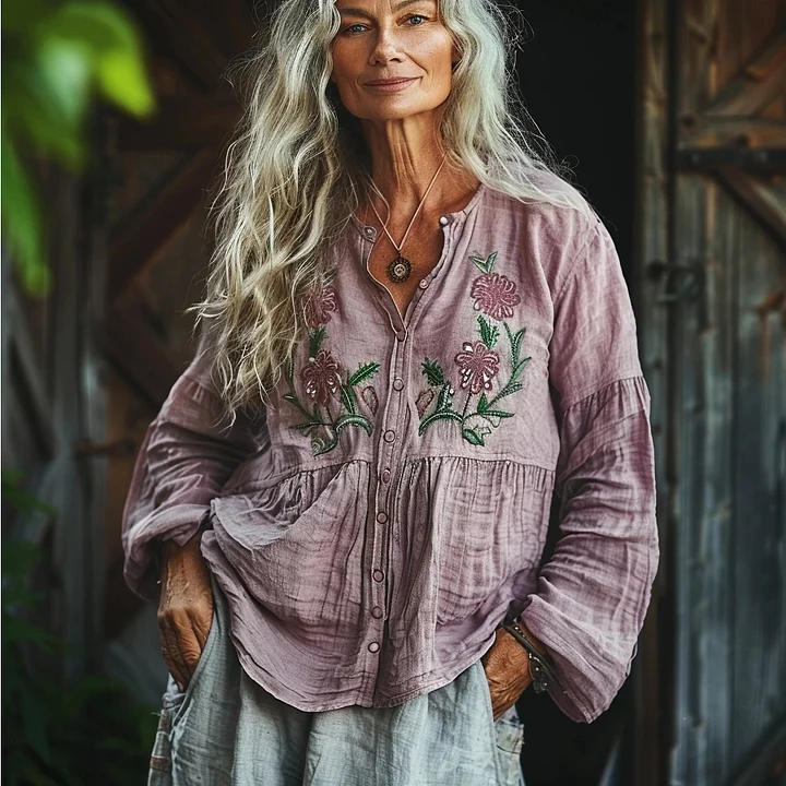 Bohemian Style Linen Floral Art Print Long Sleeve Loose  Shirt